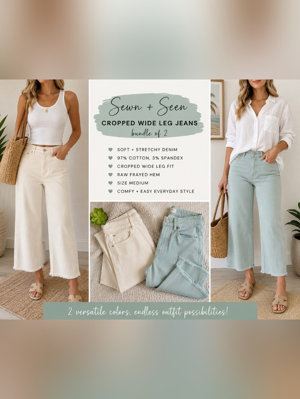Sewn + Seen Bundle of 2 Cropped Wide Leg Jeans Size Medium Soft Stretch Raw Hem